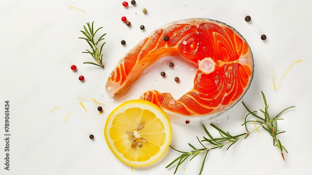 Poster Slice of red fish salmon with lemon rosemary and peppercorns isolated on white background Top view Flat lay : Generative AI