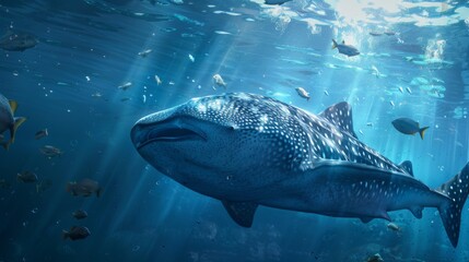 A breathtaking underwater shot of a massive whale shark swimming peacefully among smaller fish, its imposing size and gentle demeanor inspiring awe and reverence.