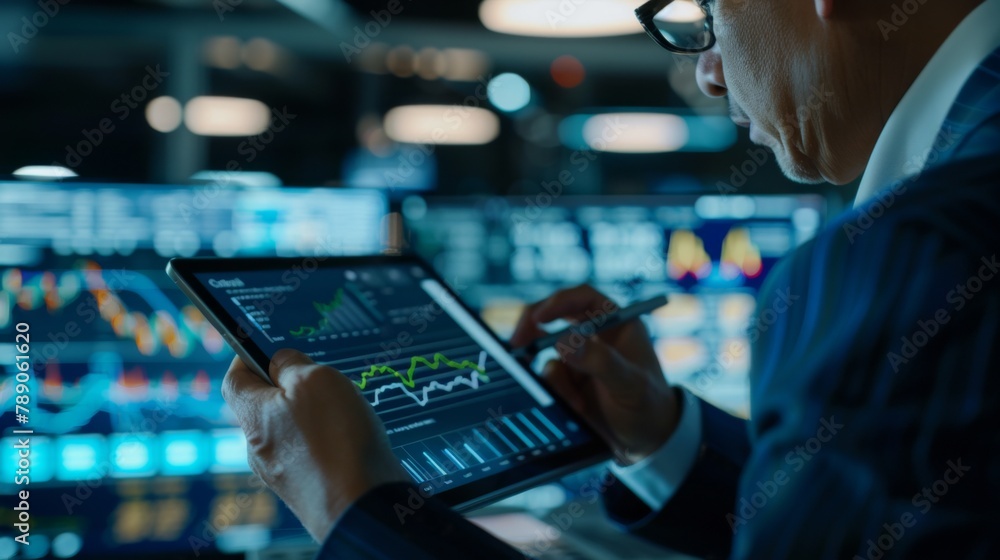 Aufkleber a businessman analyzing financial reports and charts on a laptop in a modern office, making strategi