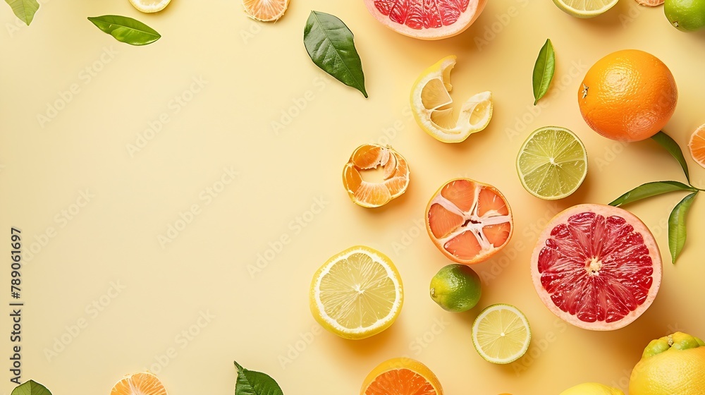Aufkleber creative background made of summer tropical fruits with leaves grapefruit orange tangerine lemon lim