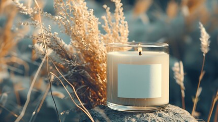 Candle with blank paper label on beige stone near dried pampas grass Close up copy space Boho brand packaging mock up Home decoration Close to nature or scandinavian style : Generative AI - obrazy, fototapety, plakaty