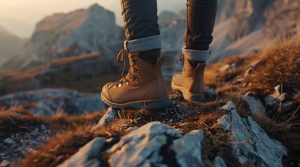 Hiking boot Closeup of female legs in hiking boots on a hiking trail on top of a mountain outdoors Travel vacation concept : Generative AI