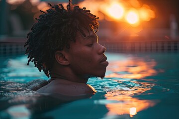Shirtless black men swimming in a tropical pool. - obrazy, fototapety, plakaty