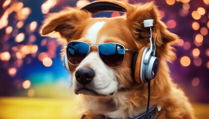 Sunglasses Dog Headphones Groovy DJ Ginger earphones music canino pet hip trendy stylish entertainment party mixing beat paw whisker weft tail spin dance fun - obrazy, fototapety, plakaty