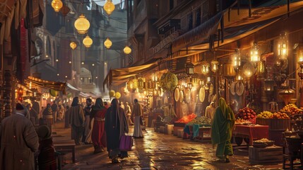 A bustling marketplace in a city square, with vendors selling their wares under the warm glow of streetlights and colorful awnings. - obrazy, fototapety, plakaty