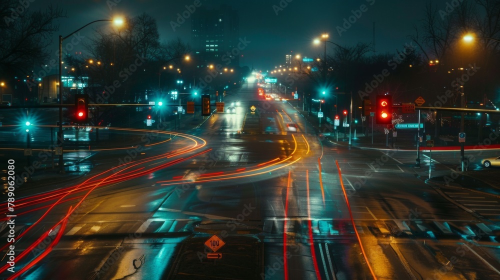 Poster a busy intersection ablaze with headlights and traffic signals, illustrating the constant motion and