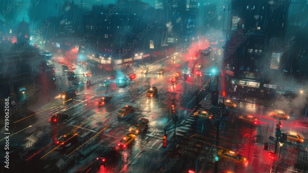 Poster a busy intersection ablaze with headlights and traffic signals, illustrating the constant motion and