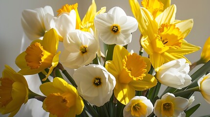 Naklejka na ściany i meble Spring bouquet of yellow buttercups white daffodils and tulips bouquet of flowers close up home decoration with flowers : Generative AI