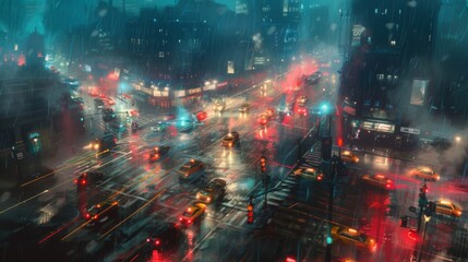 A busy intersection ablaze with headlights and traffic signals, illustrating the constant motion and activity of city streets after dark.