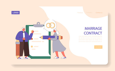 Marriage Contract web or landing. Senior couple with oversized pen and clipboard