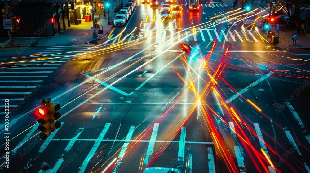 Poster a busy intersection ablaze with headlights and traffic signals, illustrating the constant motion and