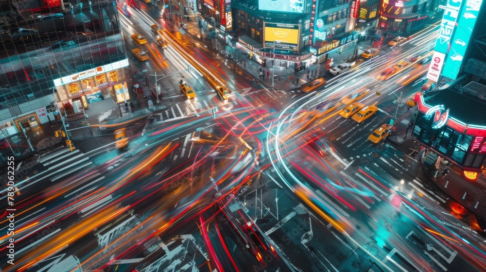 Poster a busy intersection in the heart of a city, with streaks of car lights and vibrant neon signs creati