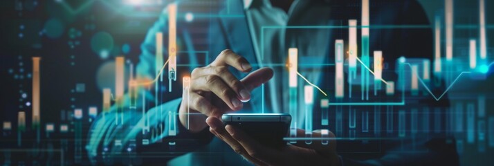 Businessman uses a mobile smartphone to transfer data to a digital network