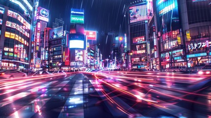 A busy intersection in the heart of a city, with streaks of car lights and vibrant neon signs creating a sense of motion and excitement in the urban landscape. - obrazy, fototapety, plakaty