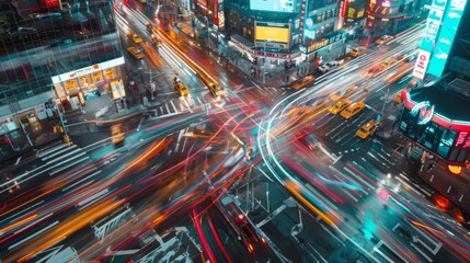 A busy intersection in the heart of a city, with streaks of car lights and vibrant neon signs creating a sense of motion and excitement in the urban landscape.