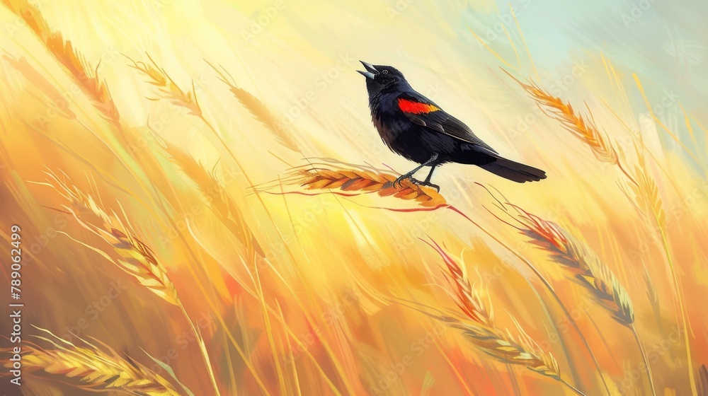 Poster a charming scene of a red-winged blackbird singing atop a swaying wheat stalk in a sunlit field, add