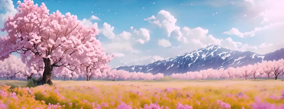 Spring cherry blossom festival in Japan: an image of sunflower fields dotted with beautiful cherry blossom trees under blooming cherry blossoms. Art illustration. 4K Video
