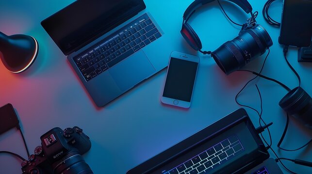 SLR camera with a laptop a vr a phone and a speaker  flat lay : Generative AI