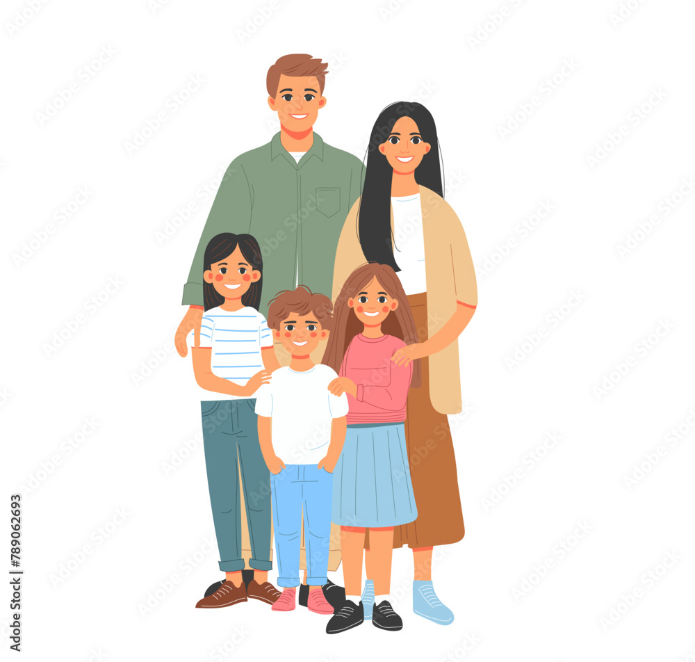 Wall mural Portrait of big happy family with children, mother, father isolated on white background. Parents and kids hugging Colored flat vector illustration