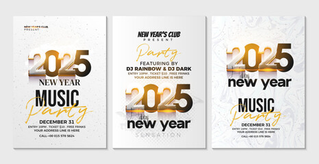Happy New Year 2025 Music Party Design. Music party event to welcome the new year 2025. Vector premium design. 2025 posters, banners, social media posts and 2025 new year flyers.