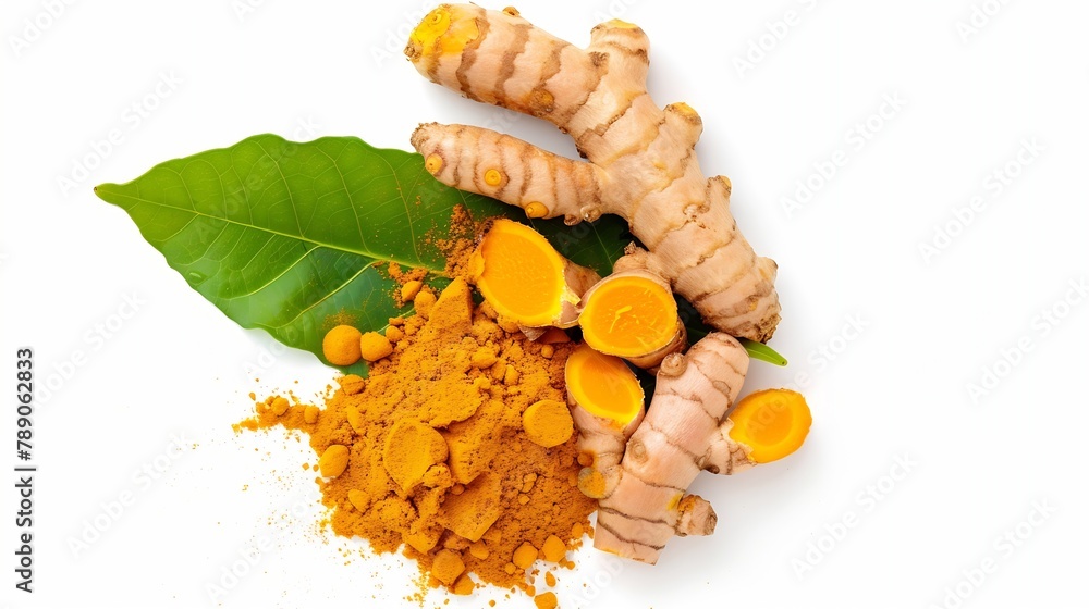 Poster Tumeric root with green leaf and turmeric powder isolated on white background Top view Flat lay : Generative AI