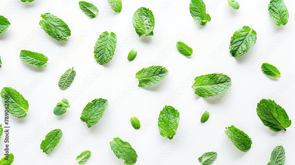 Aufkleber Mint leaves pattern isolated on white background  top view  flat lay : Generative AI