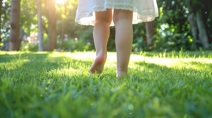 girl walks on the grass barefoot in the park happy family kid dream concept bare feet closeup walks...