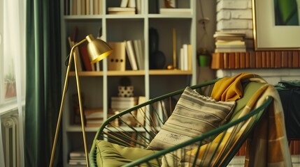Obraz na płótnie Canvas Modern room interior concept grey bookshelf gold lamp and frame close up green metal chair with pillow and blanket style brown and yellow decorative wall : Generative AI