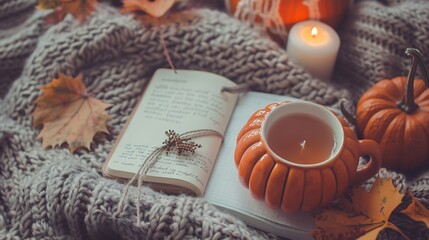 Fototapeta na wymiar Concept of creating comfort in fall Attributes of autumn time of spending hot tea in pumpkinshaped mug warm knitted sweater candles notebook for recording plans Flat lay top view copy : Generative AI