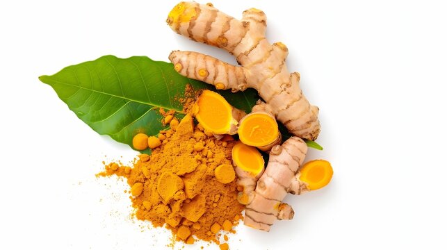 Tumeric root with green leaf and turmeric powder isolated on white background Top view Flat lay : Generative AI