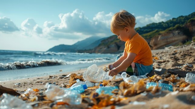 A child picking up plastic trash from a sandy beach, participating in a community clean-up initiative to protect marine environments and promote ocean conservation.