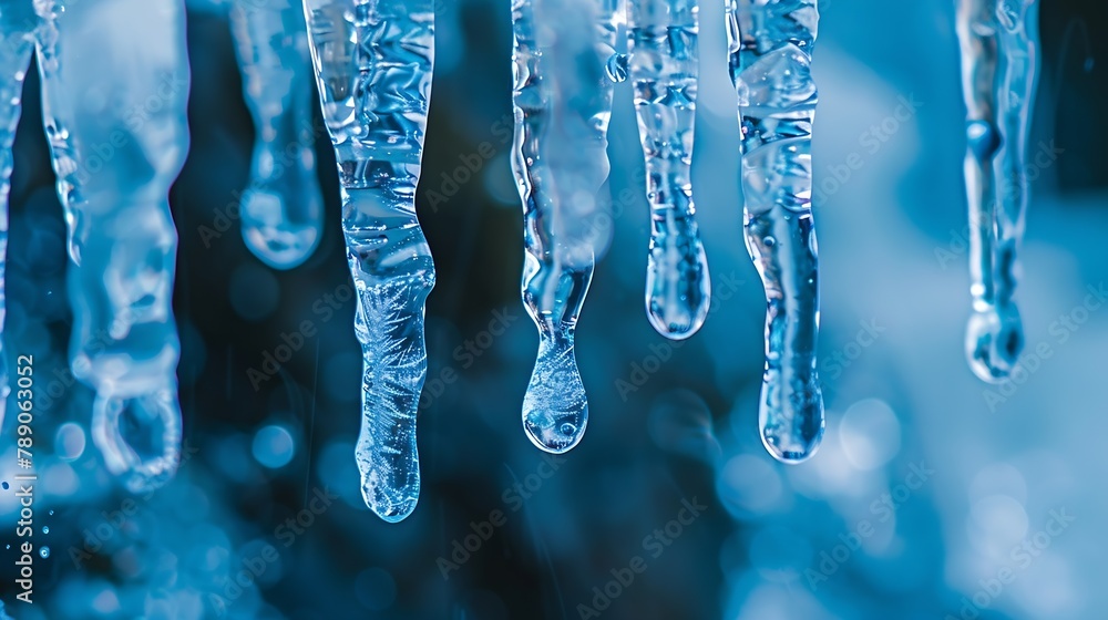 Poster icicles with clear water drops at a creek cascade waterfall on a very cold winters day in sauerland 