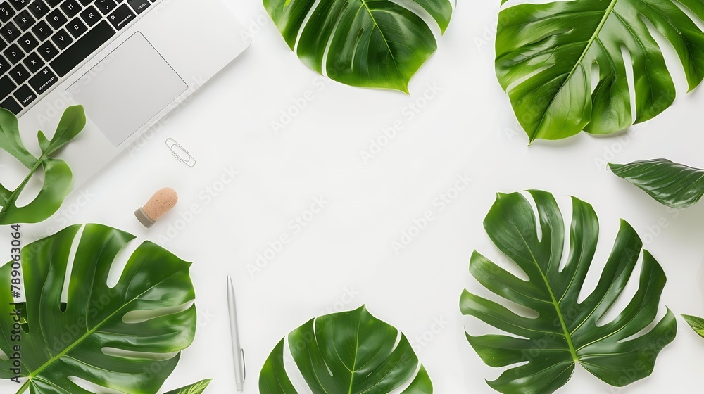 Poster home office workspace mockup with laptop tropical leaves monstera notebook and accessories on white 