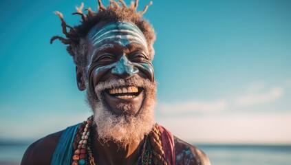 Happy elderly black man with white hair and beard, enjoying a tropical beach.