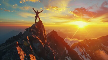 A climber reaching the summit of a towering mountain, raising their arms in victory against the backdrop of a majestic sunrise, symbolizing the triumph of human spirit and perseverance. - obrazy, fototapety, plakaty