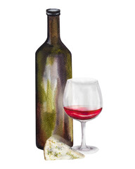 Watercolor illustration, wine composition with a bottle of wine, different types of cheese,ine glasses . Wine set for various designs.