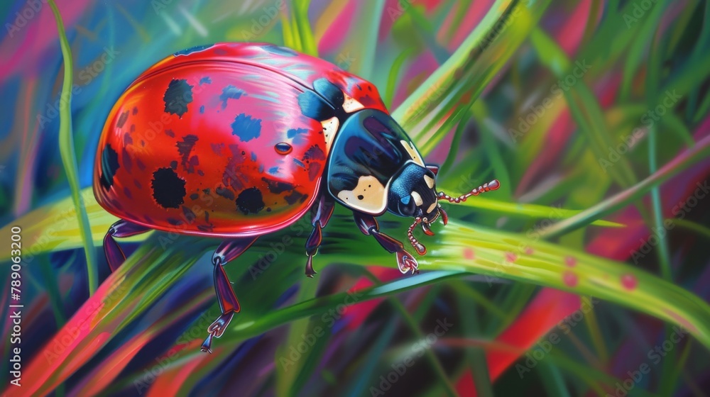 Poster A close-up of a ladybug crawling on a blade of grass, its vibrant red and black spotted shell adding a pop of color to the green landscape.