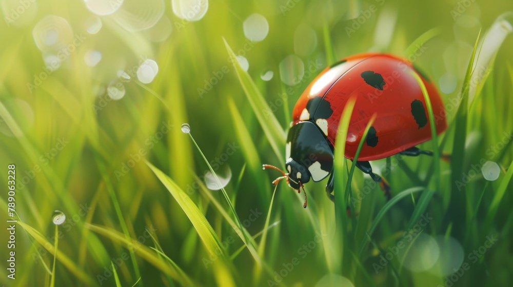 Poster A close-up of a ladybug crawling on a blade of grass, its vibrant red and black spotted shell adding a pop of color to the green landscape.