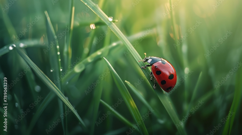 Poster A close-up of a ladybug crawling on a blade of grass, its vibrant red and black spotted shell adding a pop of color to the green landscape.