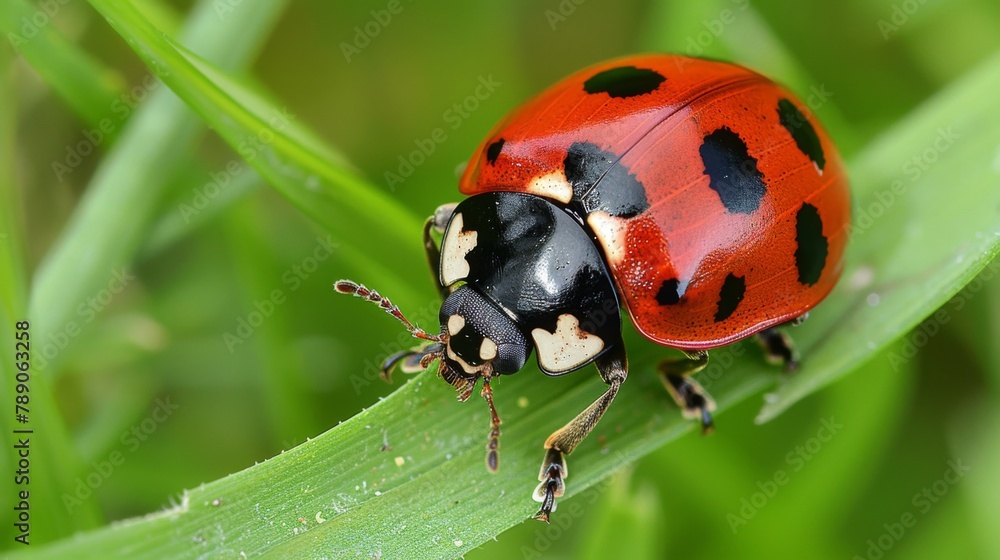 Poster A close-up of a ladybug crawling on a blade of grass, its vibrant red and black spotted shell adding a pop of color to the green landscape.