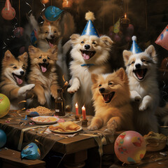 cute dogs with party hats and birthday cupcake