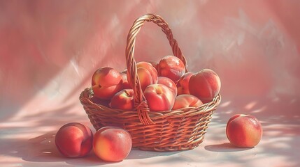 Peaches in a wicker basket on a gentle peach background Contrast shadows : Generative AI