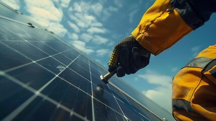 Close up of worker hand in glove holding a hex key installing photovoltaic solar panel with blue sky on background Electrician mounting solar photovoltaic panel system Concept of alter : Generative AI