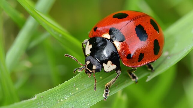 A close-up of a ladybug crawling on a blade of grass, its vibrant red and black spotted shell adding a pop of color to the green landscape.