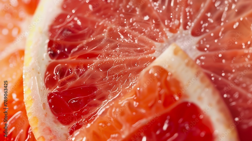 Poster Close up of sliced ripe grapefruit macro Red fresh grapefruit surface background or texture Top view : Generative AI