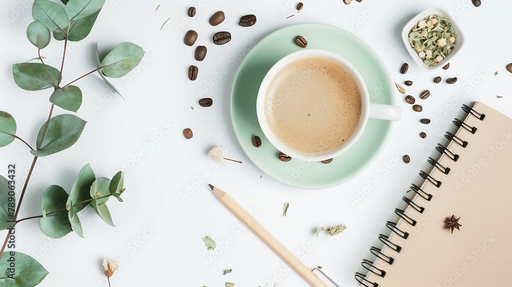 Aufkleber cup of coffee with milk sketchbook pencil green leaves and dried flowers overhead view isolated on w
