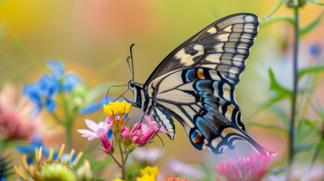 A close-up of a swallowtail butterfly feeding on nectar from a colorful bouquet of wildflowers, illustrating the essential role of butterflies in ecosystem health.