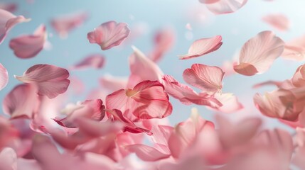 A close-up of delicate cherry blossom petals floating gracefully in the breeze, evoking a sense of fleeting beauty and natural tranquility.