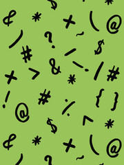 pattern with the image of keyboard symbols. Punctuation marks. Template for applying to the surface. pea background. Vertical image.