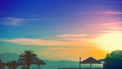 Tropical beach landscape with sun umbrellas and palm trees. Straw umbrellas on the beach at sunset. Color gradient
